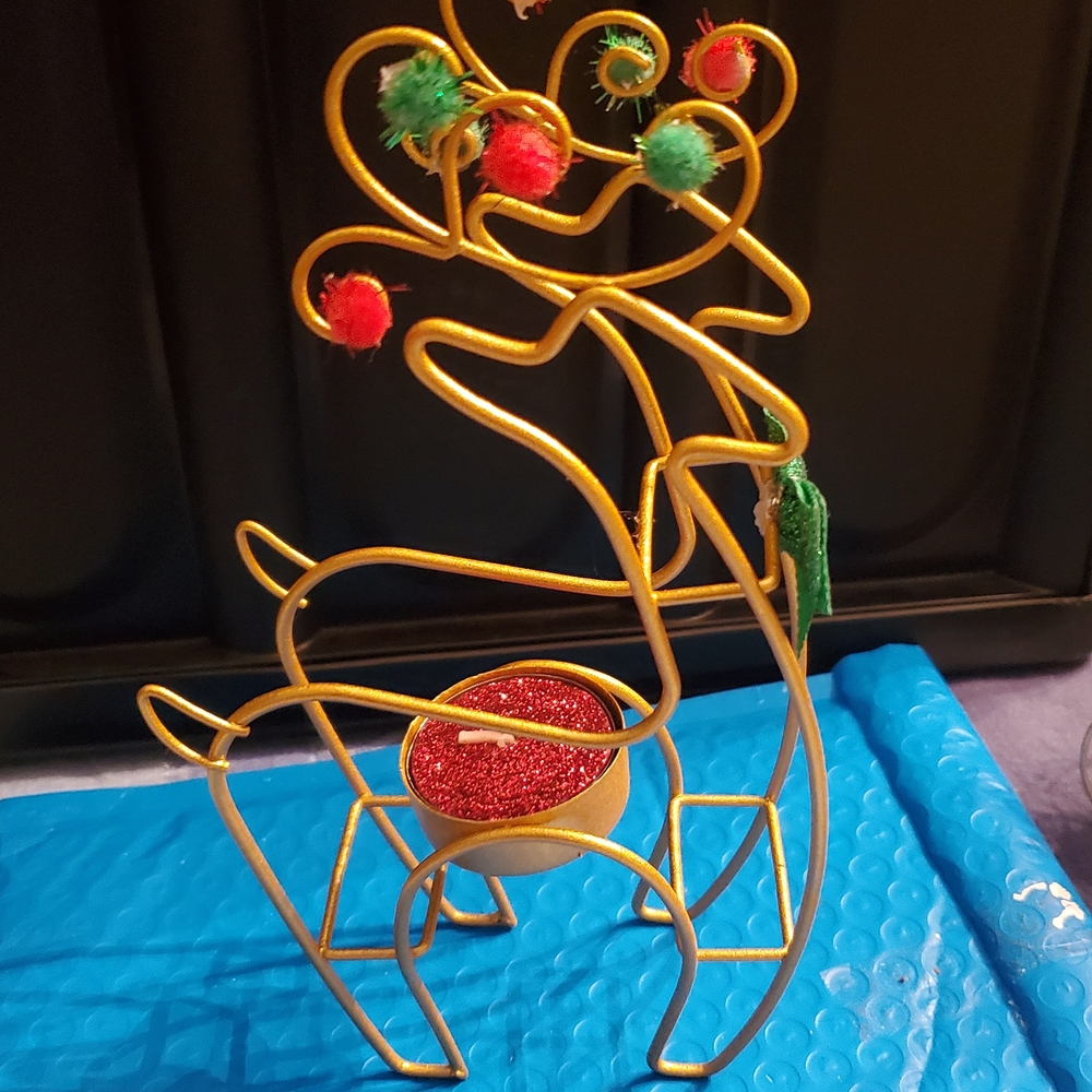 Gold Reindeer Gaslight Tealight Candle Holder Holiday Decoration